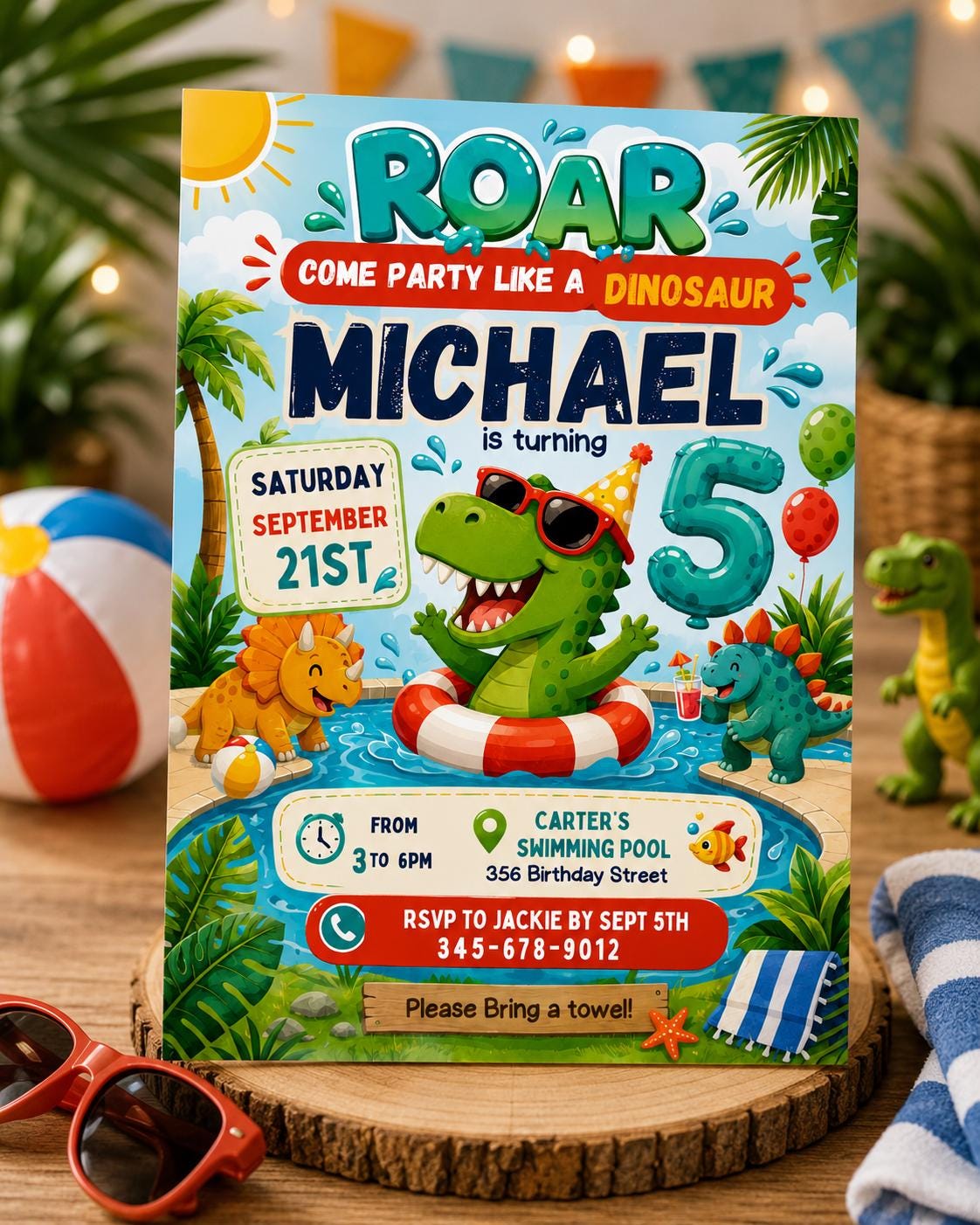 Editable Dinosaur Pool Party Invitation , Swim Birthday invite , Dino Instant download