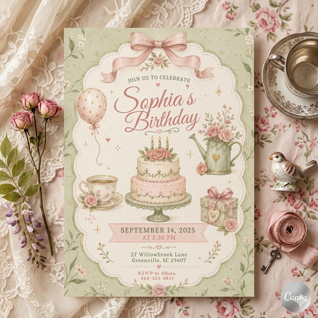 Pink Bow First Birthday Invite, Trendy Coquette Birthday Invite, Girly Birthday Invite, Our Little Wildflower Invite, Vintage Floral, Canva
