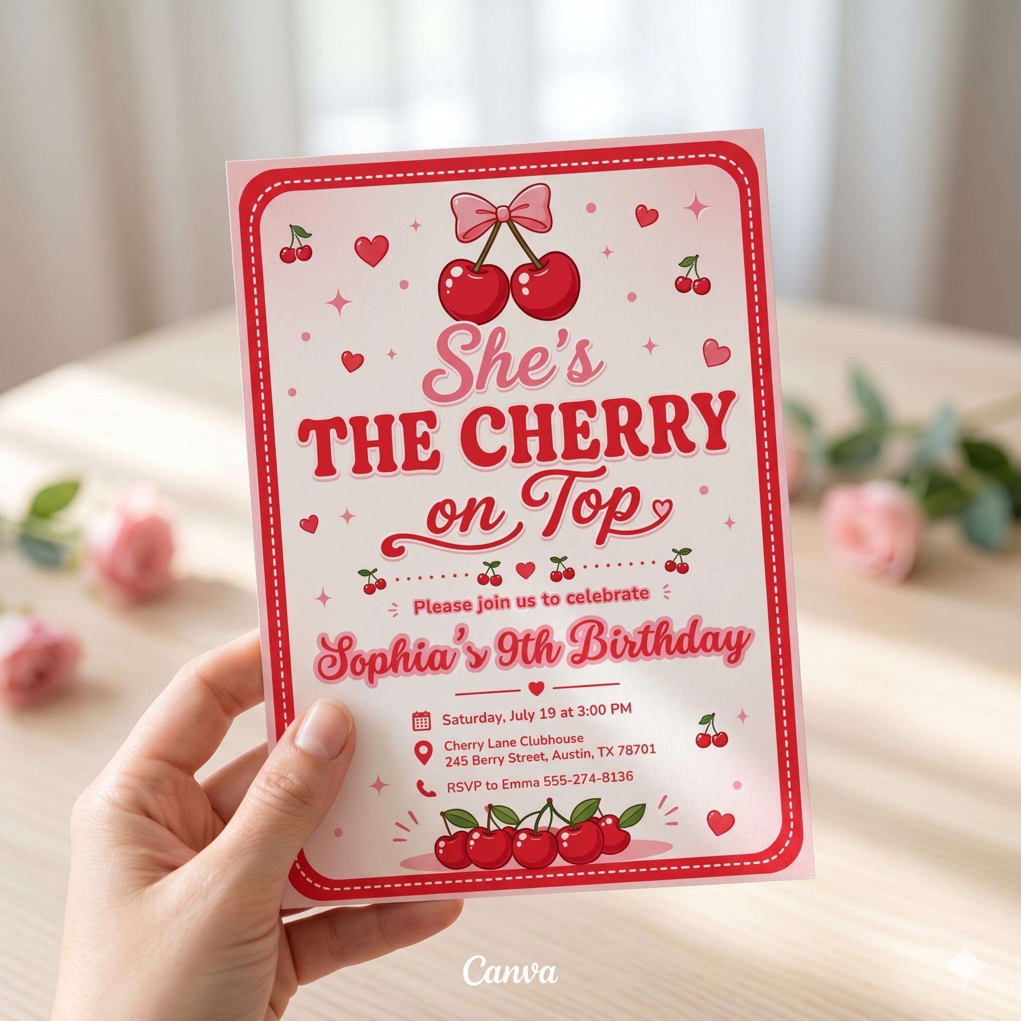 Editable Cherry Birthday Invitation, Stripes & Pink Bow, Cherry on Top Invite, Pink Gingham , Bow Canva Template (Digital Download)