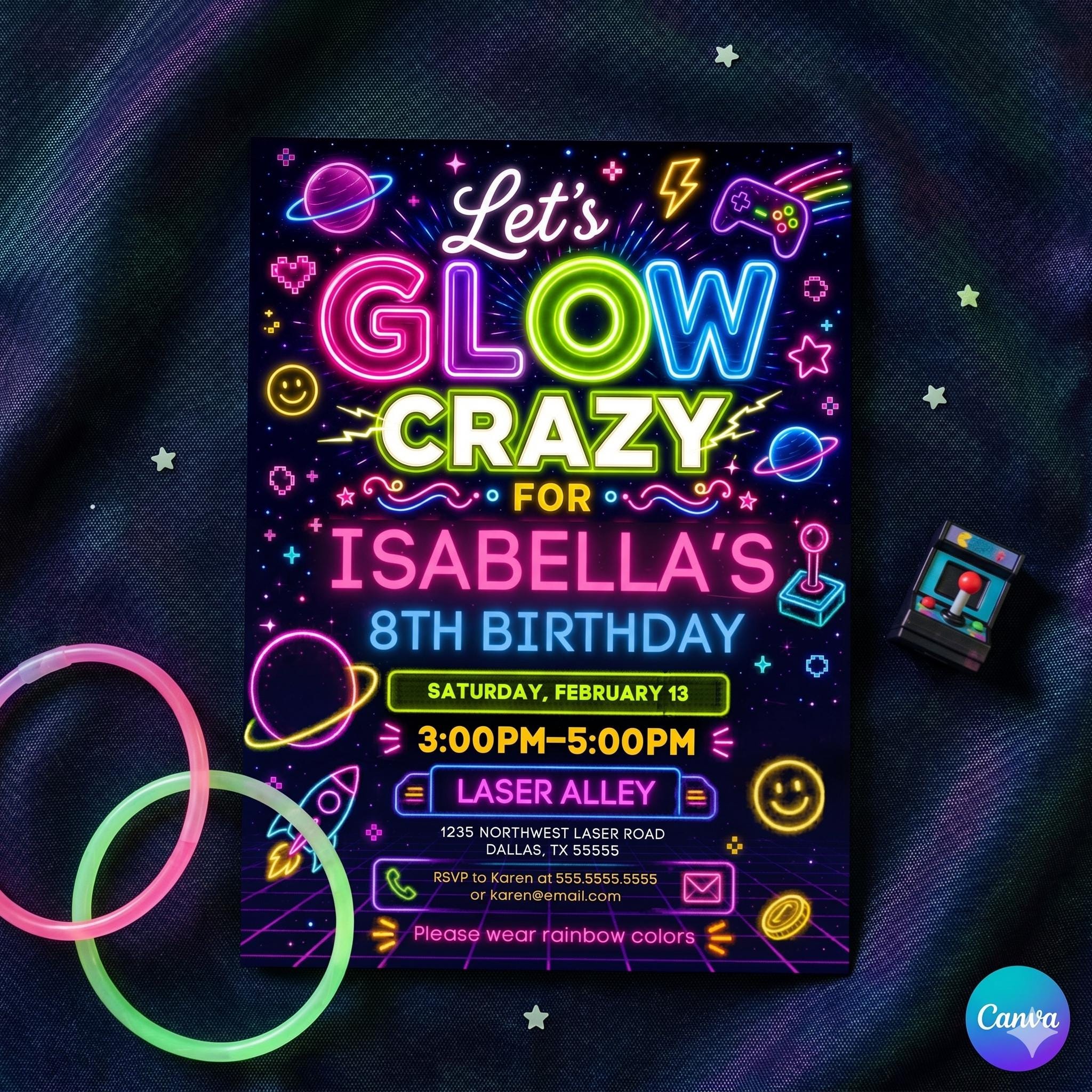 Glow Party Invitation Printable Girl Neon in the Dark Glow Invite Rainbow Girls Teen Birthday Printed Invite or Digital Download Editable