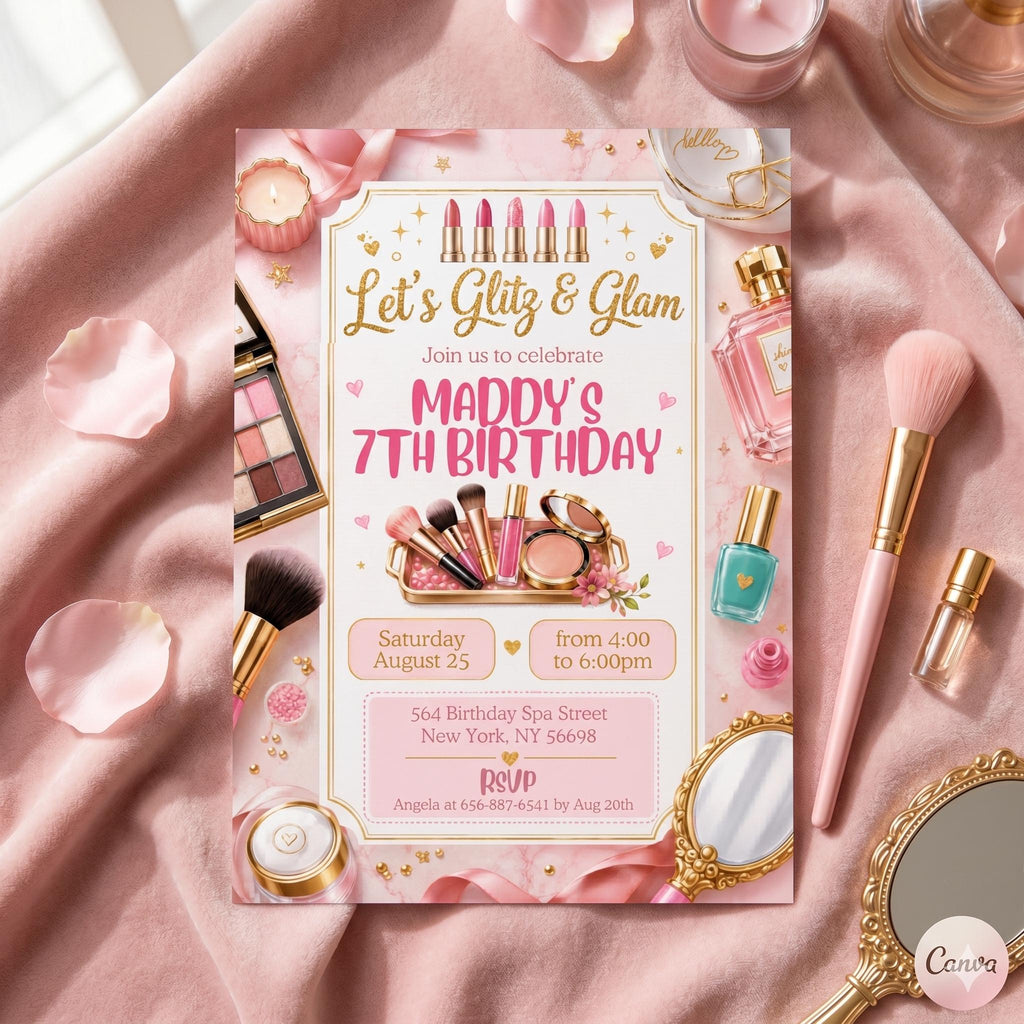 Spa Birthday Party Invitation, Pamper Party Invite, Girl Spa Birthday, Pink Bow Invitation, Editable Canva Template
