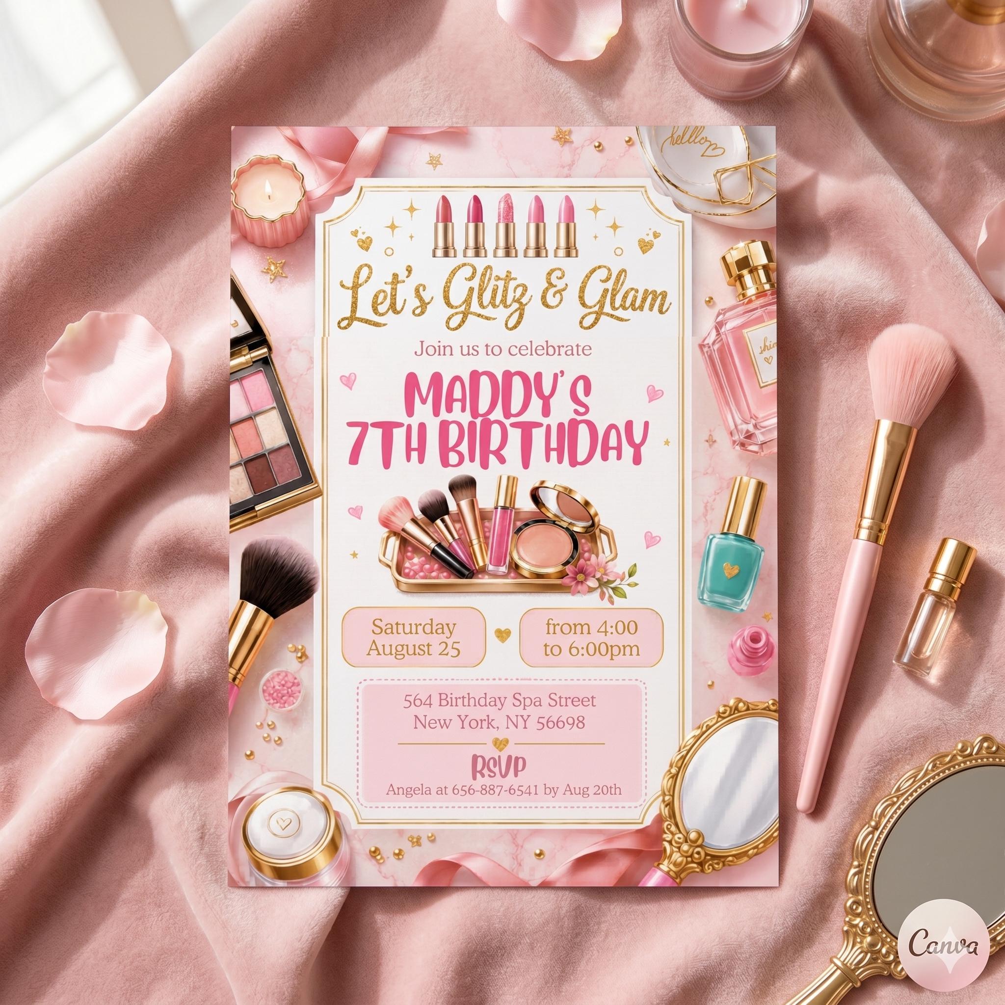 Spa Birthday Party Invitation, Pamper Party Invite, Girl Spa Birthday, Pink Bow Invitation, Editable Canva Template