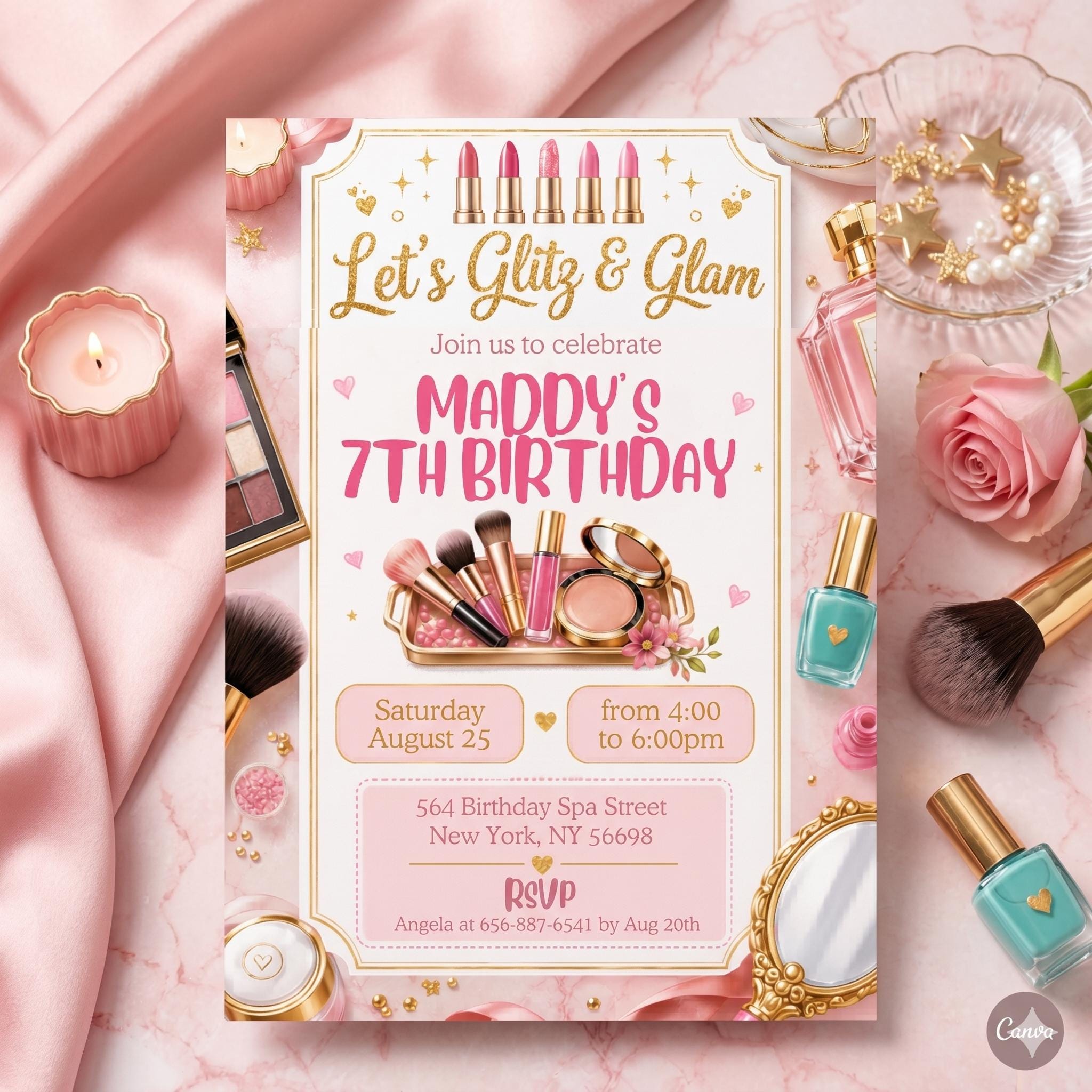Spa Birthday Party Invitation, Pamper Party Invite, Girl Spa Birthday, Pink Bow Invitation, Editable Canva Template