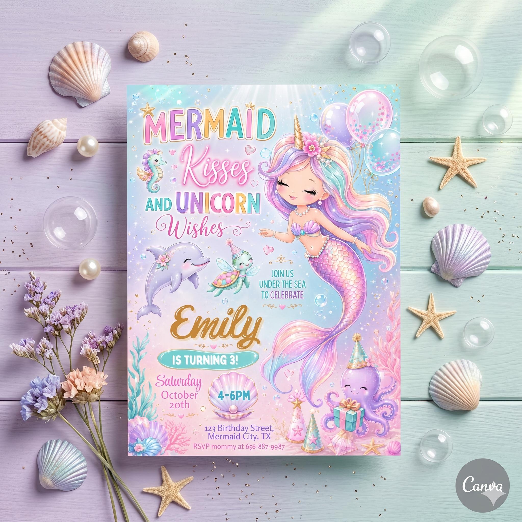 Mermaid Birthday Invitation Girl | Watercolor Mermaid Party Invite | Under the Sea Birthday | Pink Purple Mermaid | Editable Canva Printable