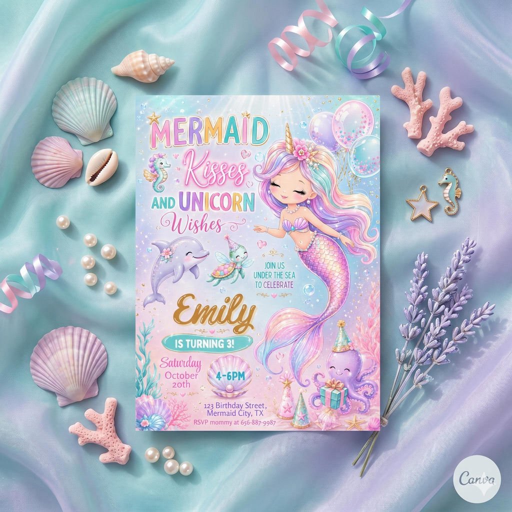 Mermaid Birthday Invitation Girl | Watercolor Mermaid Party Invite | Under the Sea Birthday | Pink Purple Mermaid | Editable Canva Printable