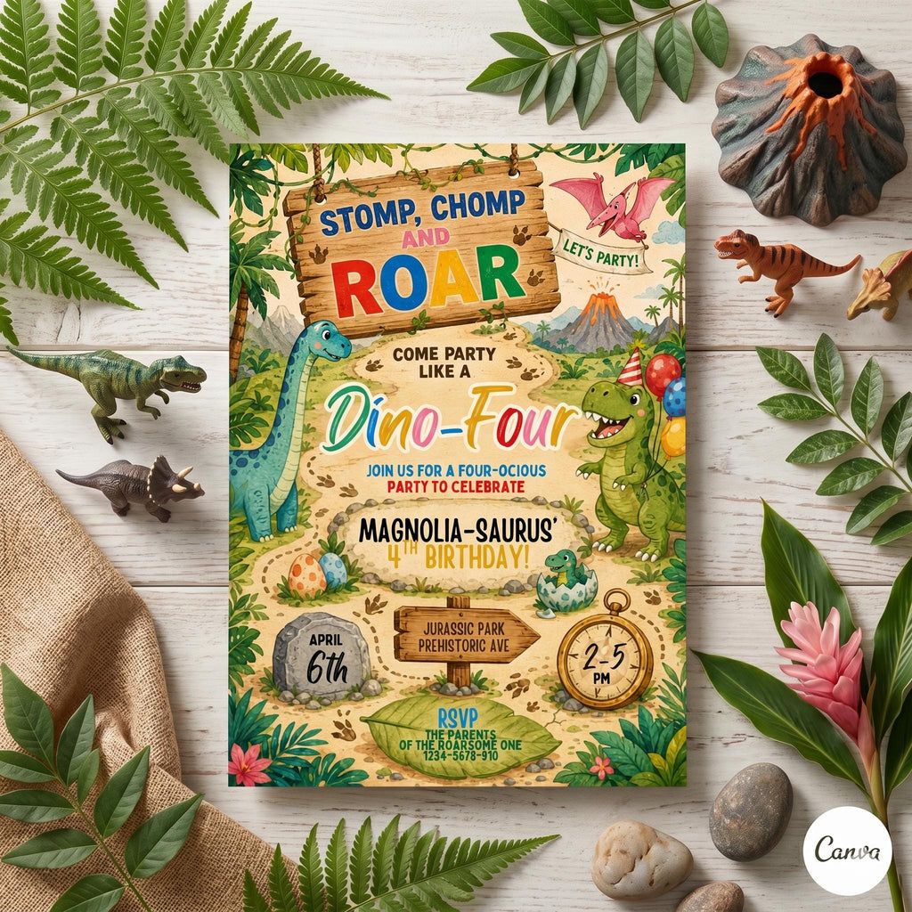 Dinosaur 4th Birthday Invitation Template: Stomp, Chomp, Roar Party (Digital Download)