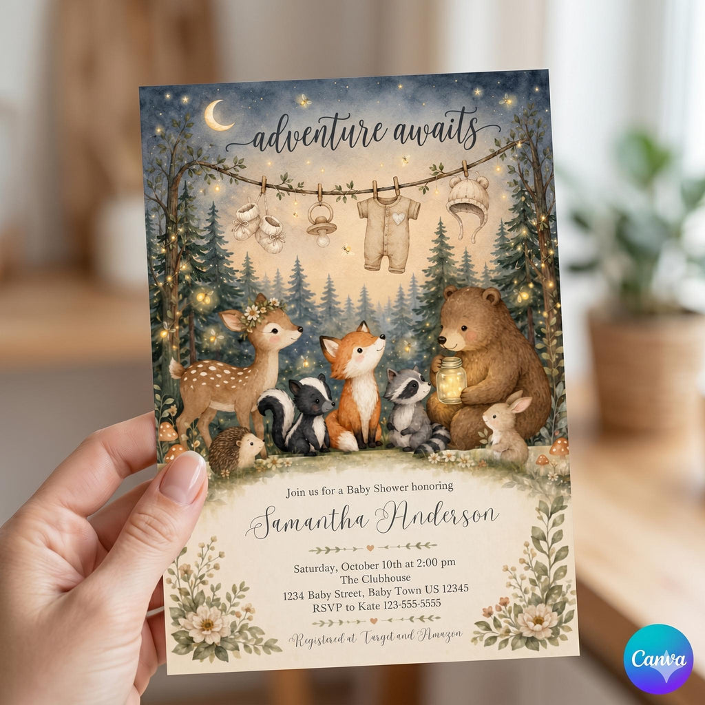 Woodland Baby Shower Invitation Template: Editable Adventure Awaits Design (Digital Download)