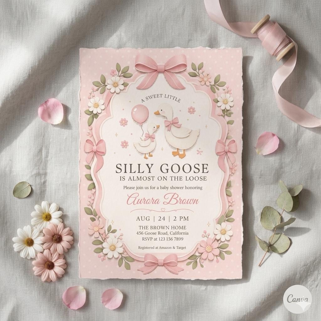Silly Goose Baby Shower Invitation | Pink Bow Girl Canva Template (Digital Download)