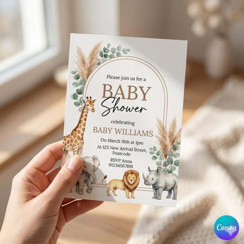 Safari Baby Shower Invitation, Jungle Animals, Custom Invite (Digital Download)
