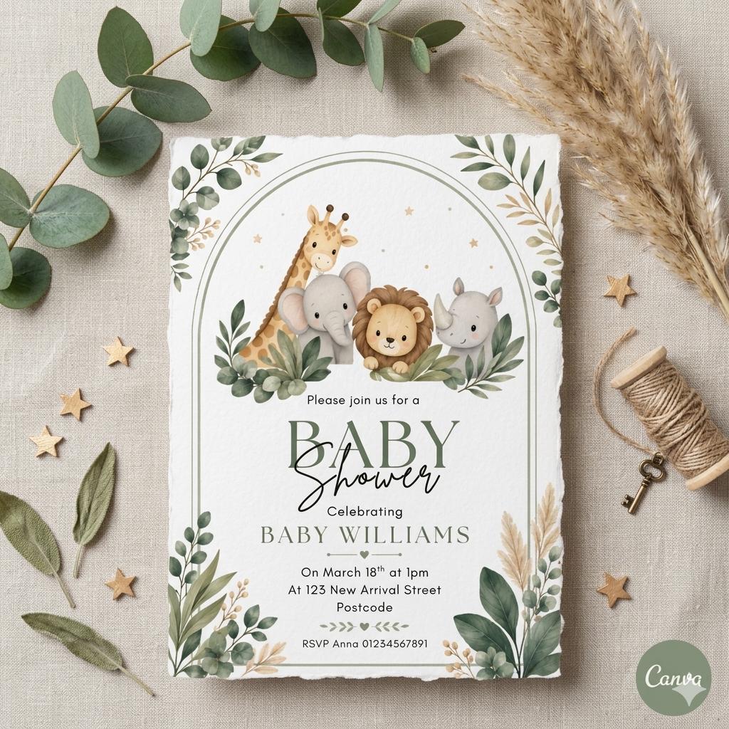 Safari Baby Shower Invitation, Jungle Animals, Custom Invite (Digital Download)