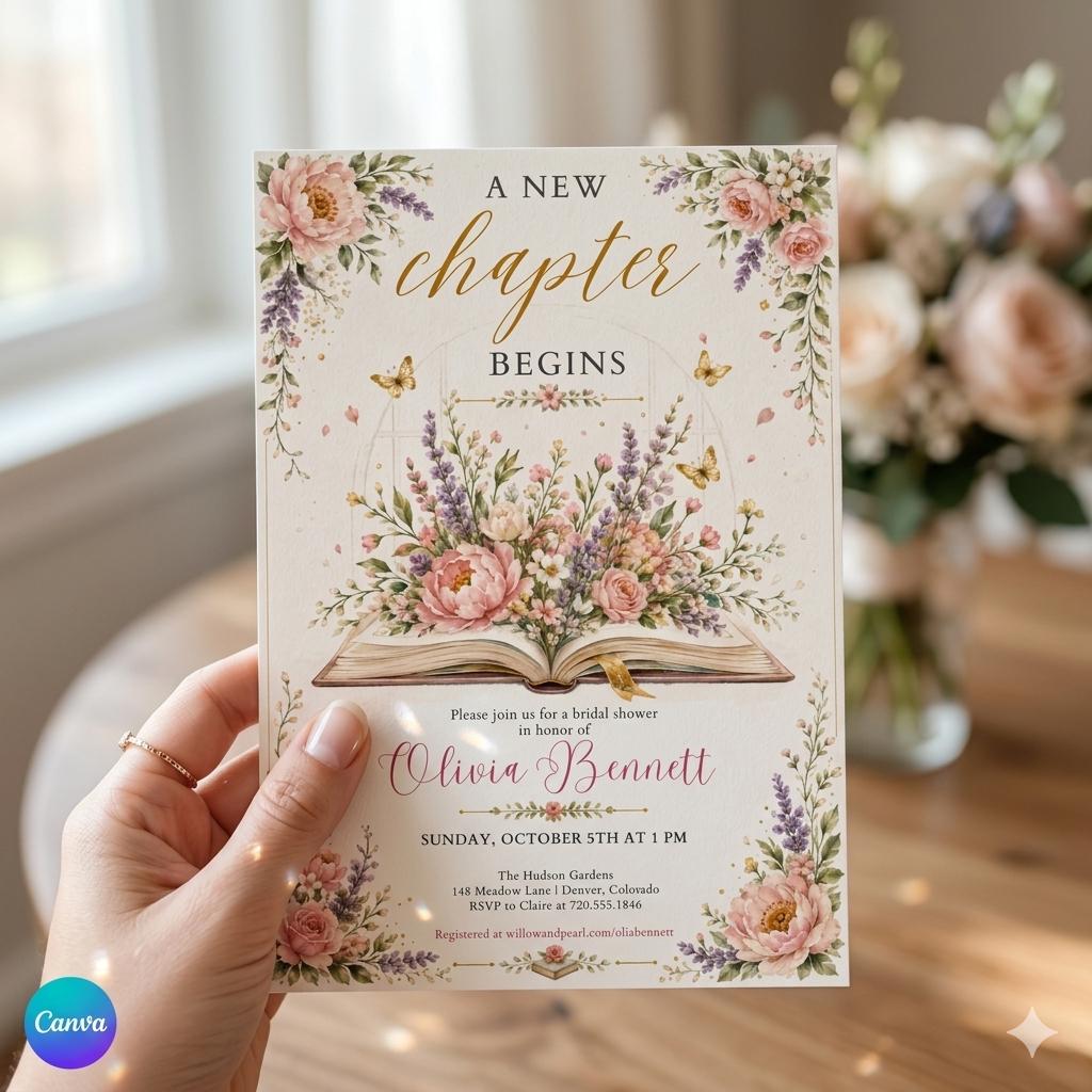 A New Chapter Begins Baby Shower Invitation, Storybook Baby Shower Invite, Gender Neutral, Bridal Shower Invitation, Editable Canva Template