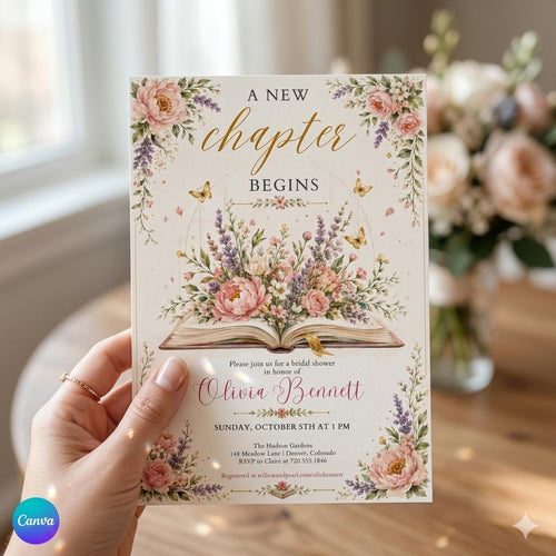 A New Chapter Begins Baby Shower Invitation, Storybook Baby Shower Invite, Gender Neutral, Bridal Shower Invitation, Editable Canva Template