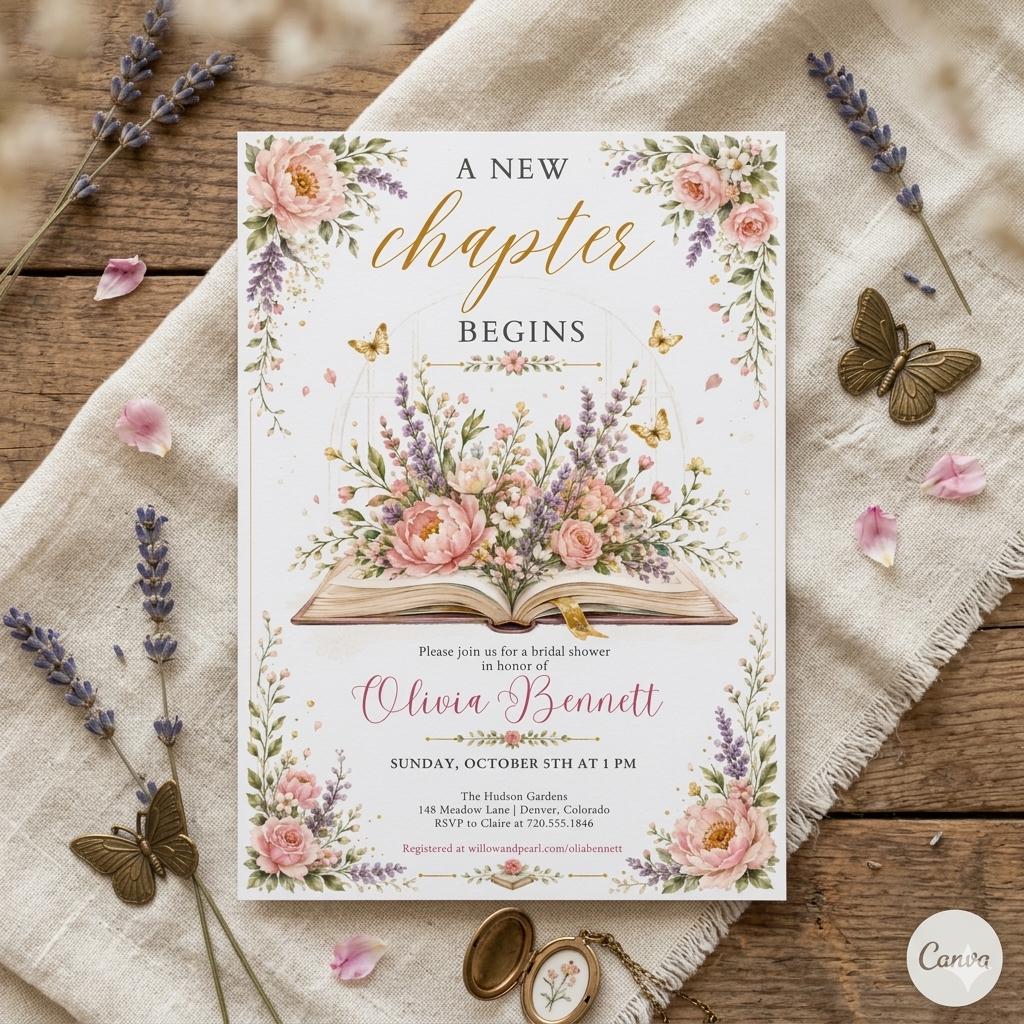 A New Chapter Begins Baby Shower Invitation, Storybook Baby Shower Invite, Gender Neutral, Bridal Shower Invitation, Editable Canva Template