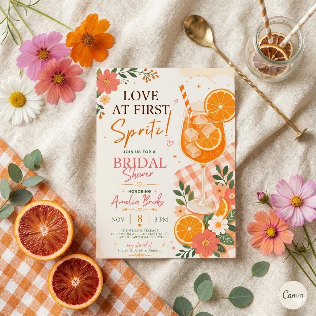 Aperol Spritz Bridal Shower Invitation, Citrus Floral Digital Template (Canva)