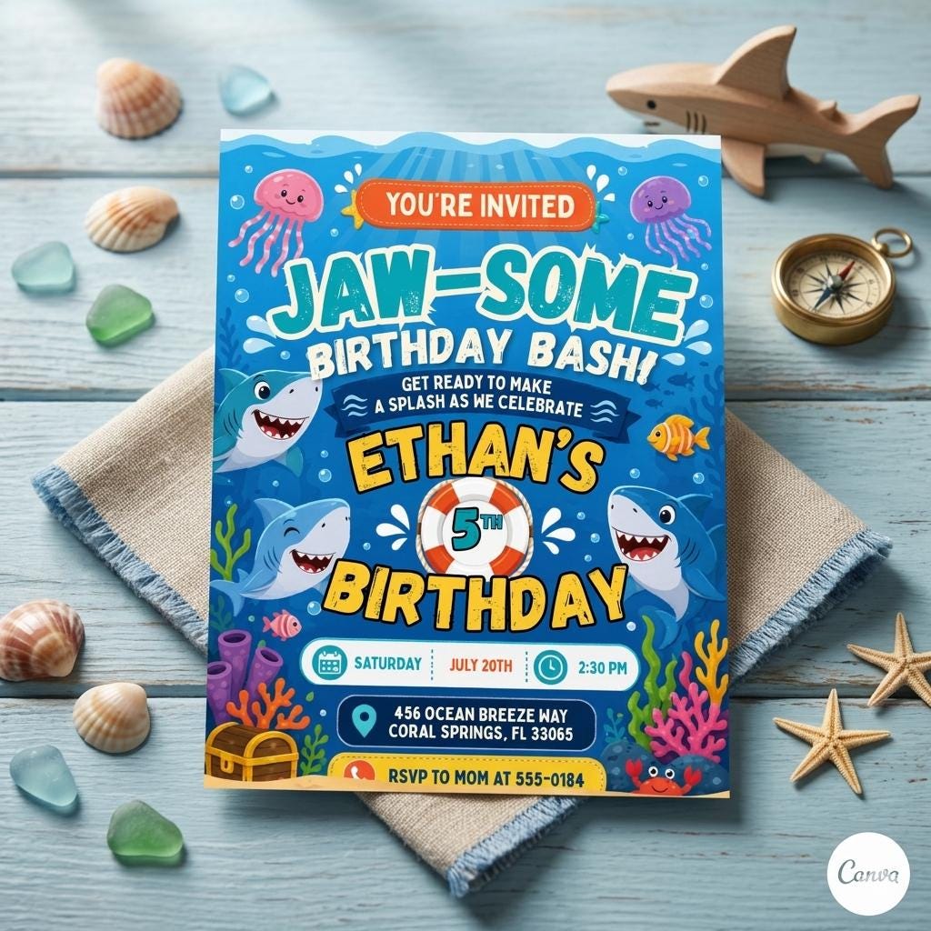 Shark Birthday Invitation, Editable Pool Party Invite, Sharktastic Attack, Ocean Nautical Any Age Kids Template, Under The Sea Invite, Canva