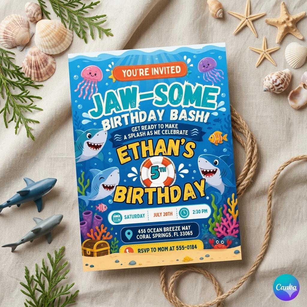 Shark Birthday Invitation, Editable Pool Party Invite, Sharktastic Attack, Ocean Nautical Any Age Kids Template, Under The Sea Invite, Canva