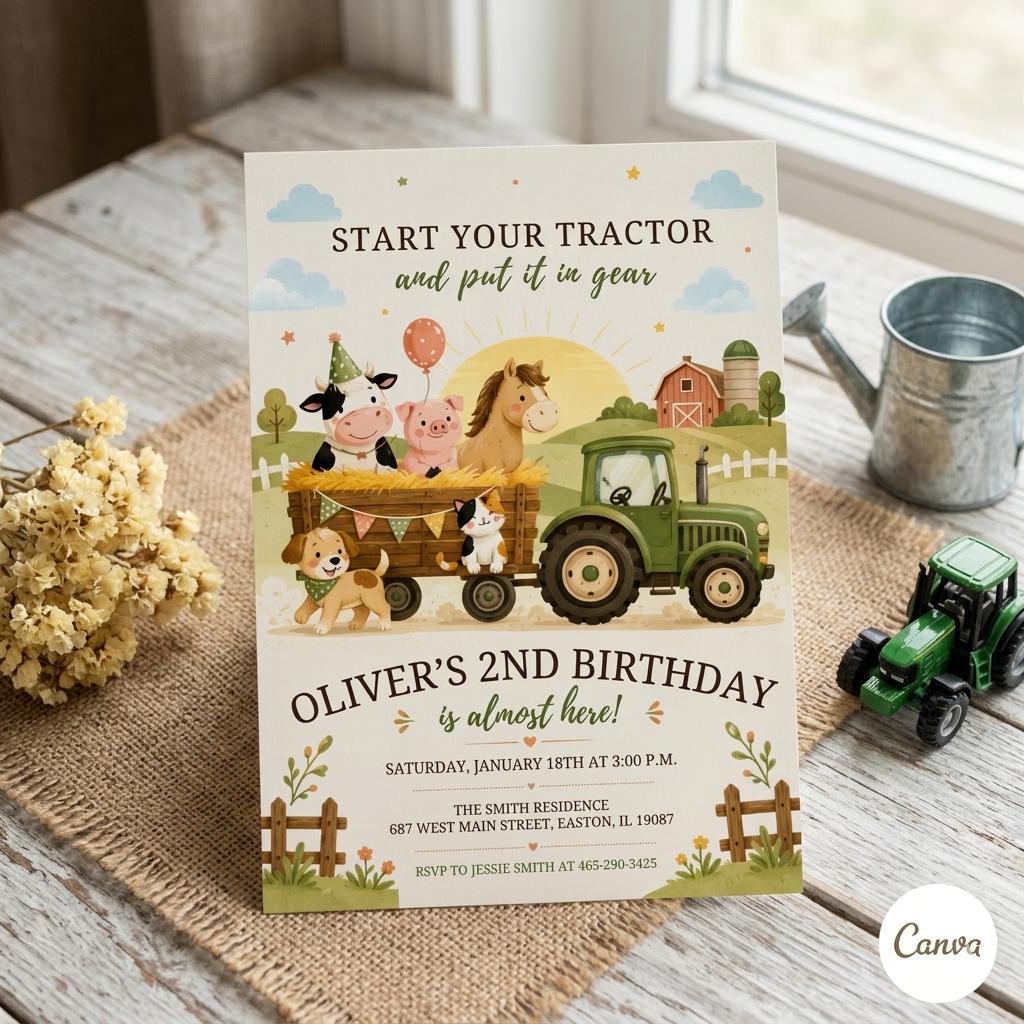 Tractor Birthday Party Invitation, Farm Birthday, Farm Animal, Boy Tractor Party, Country Invite, Digital