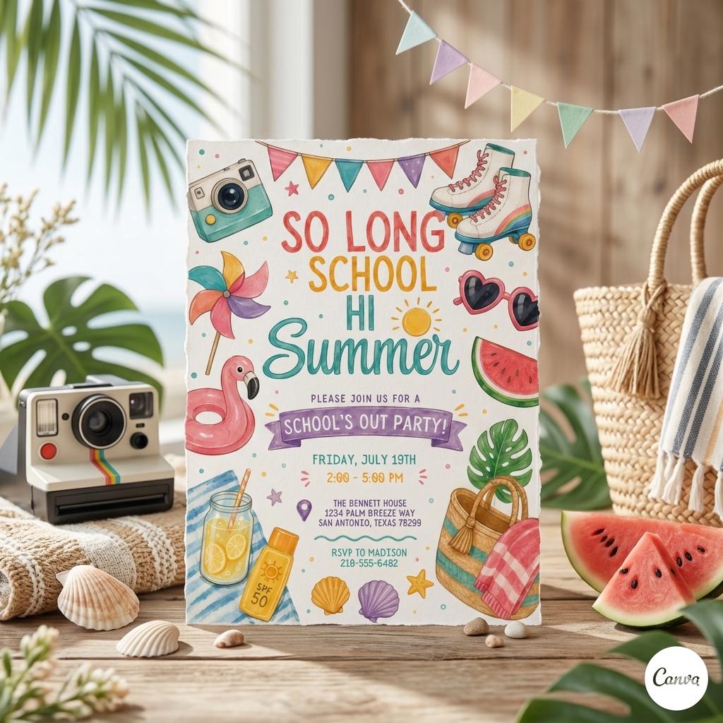 End of School Party : Summer Party Invitation Goodbye School Hello Summer Editable Kids Template (Digital Download)