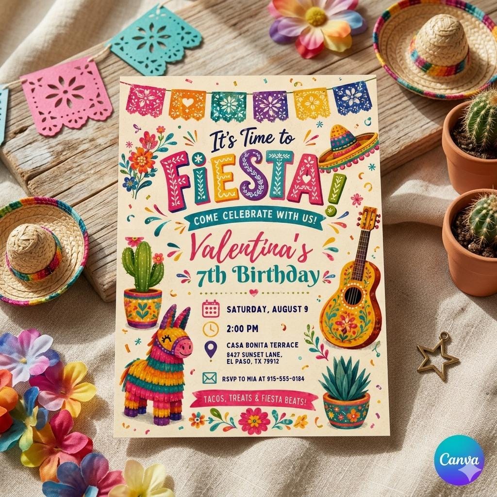 It's Time to Fiesta Birthday Invitation, Mexican Fiesta Party Invite, Fiesta Birthday Invitation, Mexican birthday, Editable Canva Template