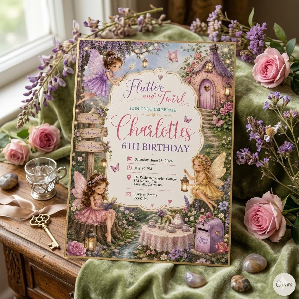 Editable Flutter and Twirl Little Fairy Birthday Invitation, Wildflower Fairy Birthday, Girl Pink Floral Fairy Birthday, Canva Template