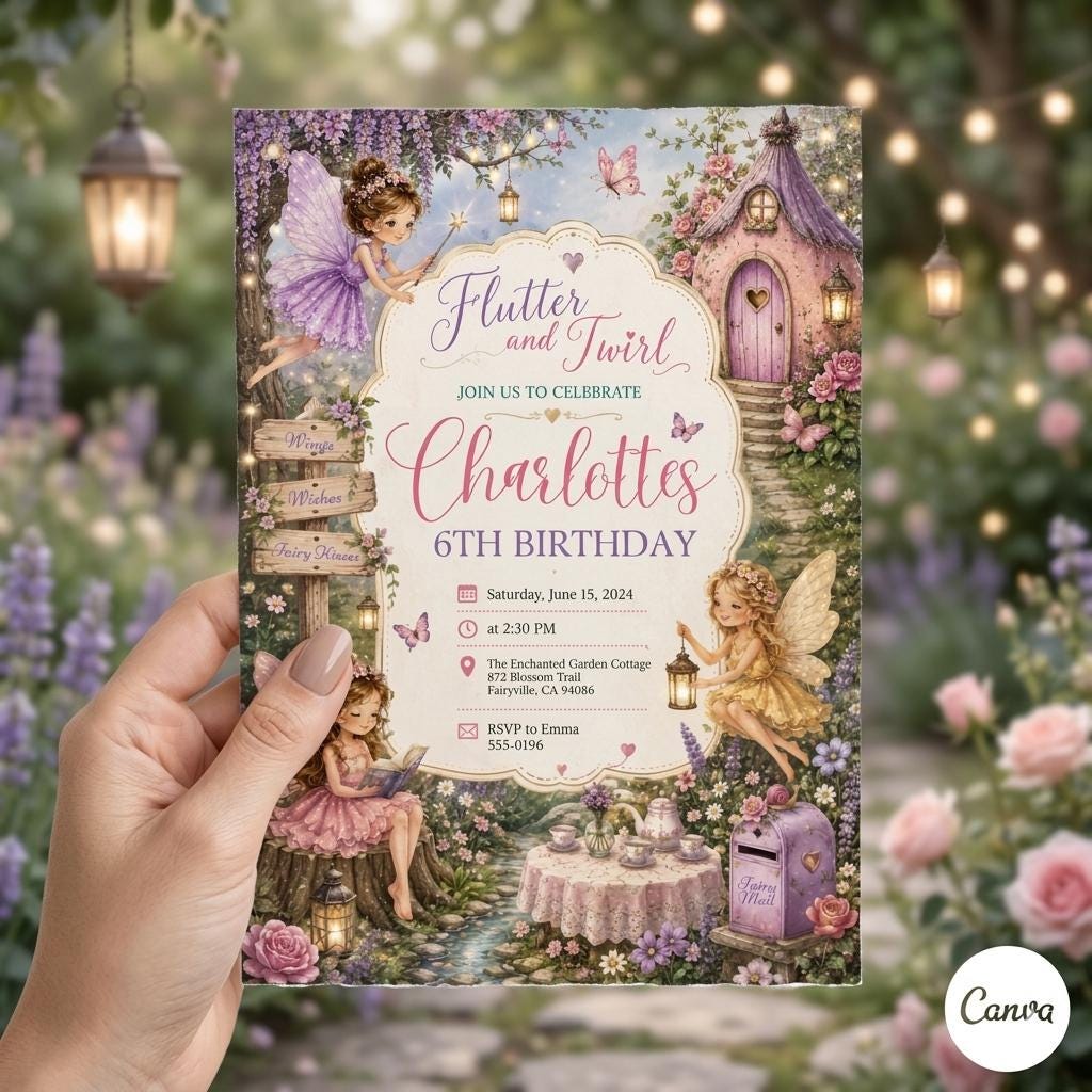 Editable Flutter and Twirl Little Fairy Birthday Invitation, Wildflower Fairy Birthday, Girl Pink Floral Fairy Birthday, Canva Template