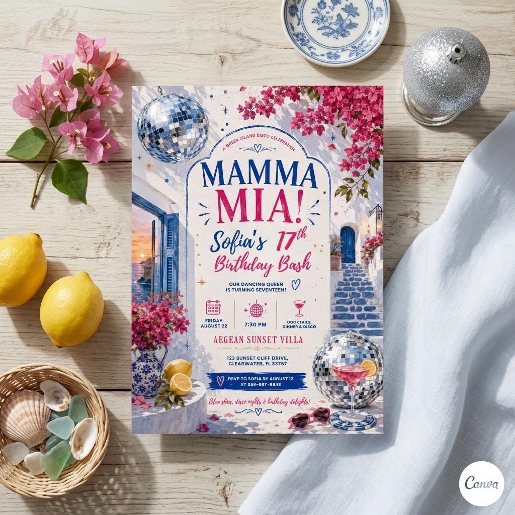 Mamma Mia Birthday Invitation Editable Canva Template, Disco Dancing Queen Party Invite, Blue Tile Italian Inspired Sweet 17 Celebration