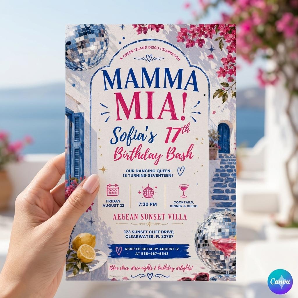 Mamma Mia Birthday Invitation Editable Canva Template, Disco Dancing Queen Party Invite, Blue Tile Italian Inspired Sweet 17 Celebration