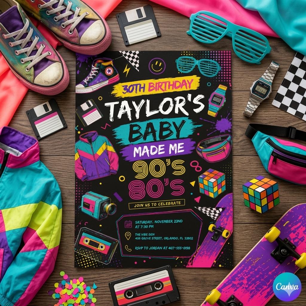 80S Baby 90s Made Me Birthday Party, back to the 90s Neon party glow dance disco 2000s birthday 90s, 30th Birthday Invitation Template