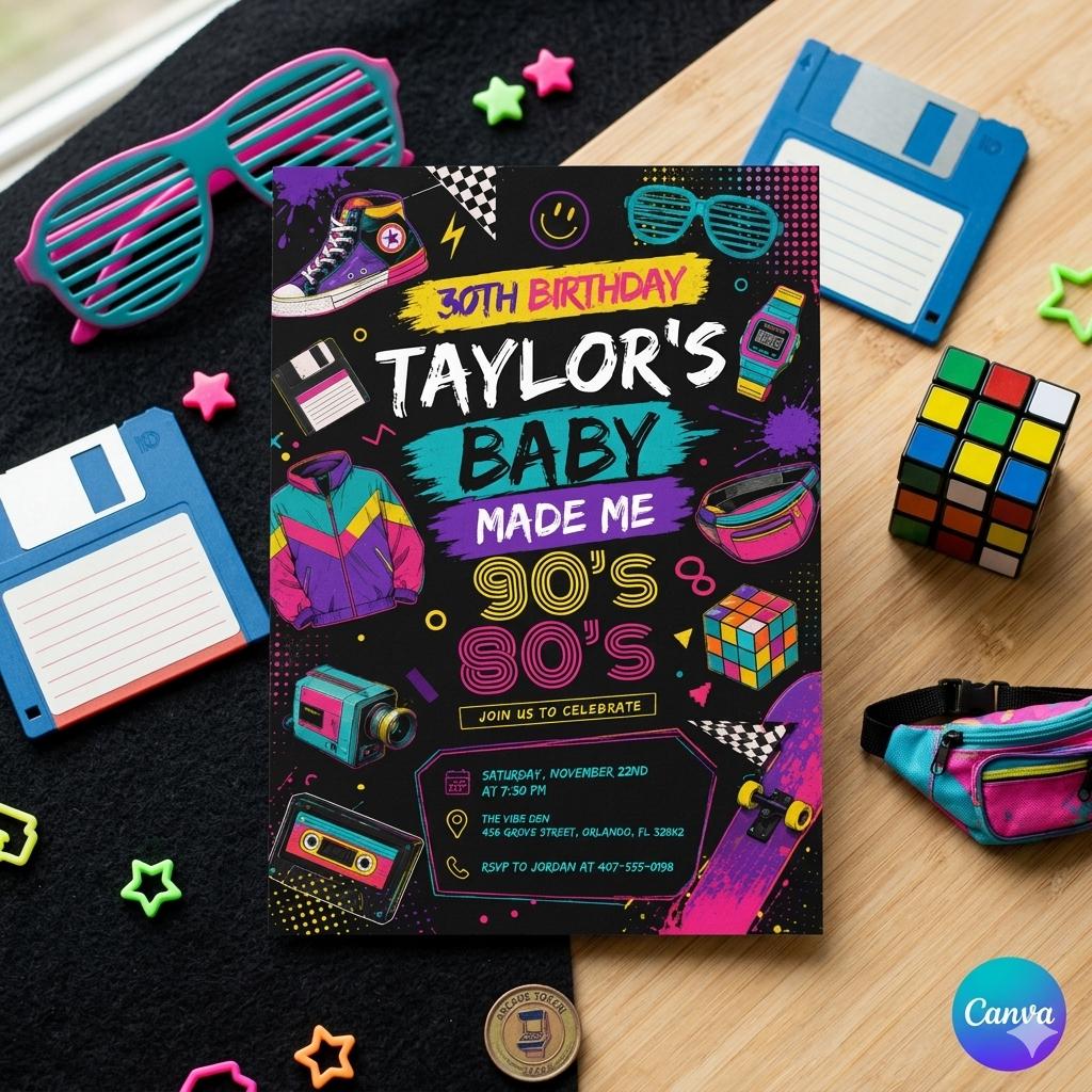 80S Baby 90s Made Me Birthday Party, back to the 90s Neon party glow dance disco 2000s birthday 90s, 30th Birthday Invitation Template