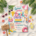 Pool Party Birthday Party Invitation Template, Hand Drawn Whimsical Swim Birthday Invite, Pink Bow Coquette Summer Birthday Pool Celebration
