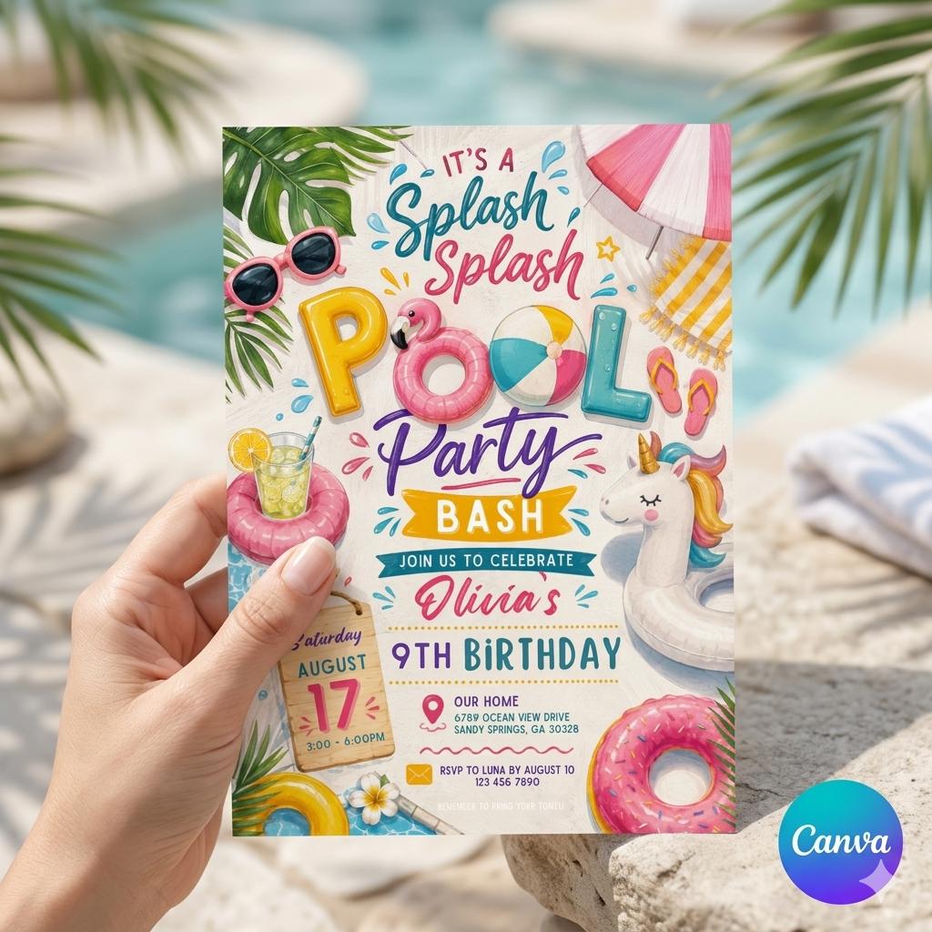 Pool Party Birthday Party Invitation Template, Hand Drawn Whimsical Swim Birthday Invite, Pink Bow Coquette Summer Birthday Pool Celebration