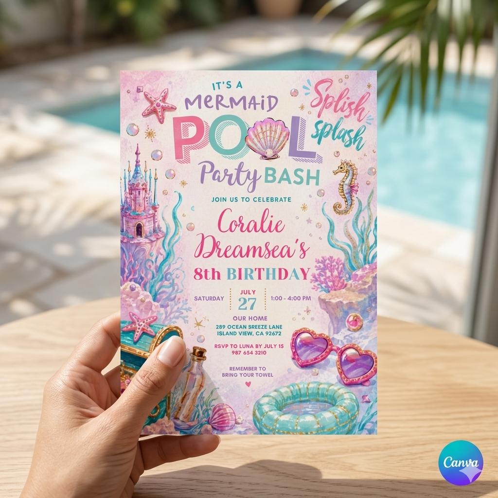 Mermaid Pool Party Invitation: Editable Splish Splash Invitation Girl Birthday Invite Party Birthday Printable Template (Digital Download)