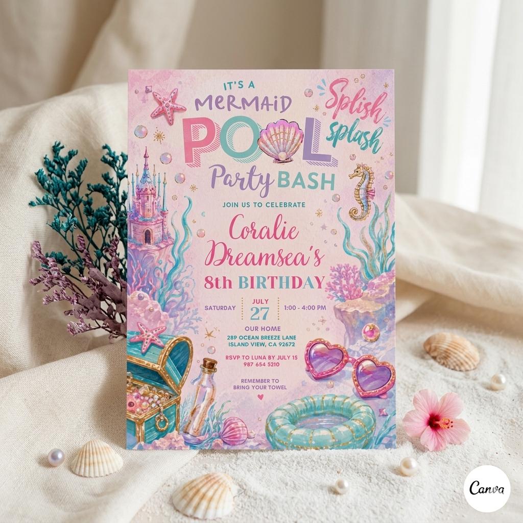 Mermaid Pool Party Invitation: Editable Splish Splash Invitation Girl Birthday Invite Party Birthday Printable Template (Digital Download)