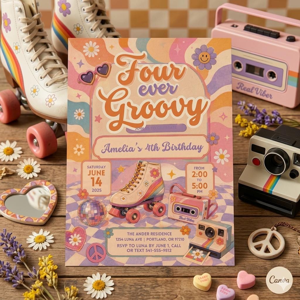 Editable Groovy 4th Birthday Invitation: Daisy Van Hippie Rainbow Theme (Digital Download)
