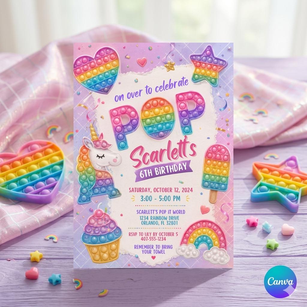 Pop It Birthday Invitation: Editable Rainbow Bubble Tea Birthday Invite T Unicorn, Rainbow, Cupcake (Digital Download)