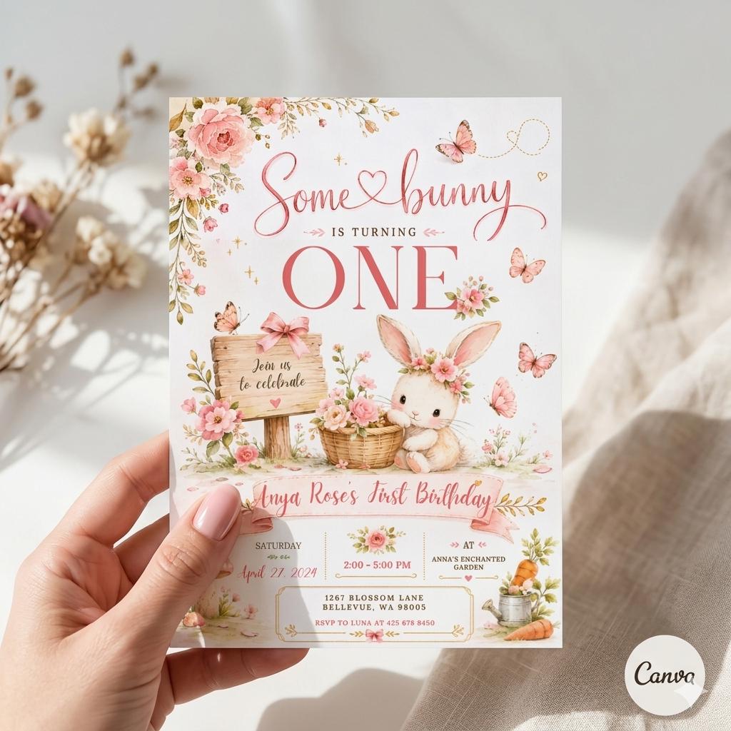 Editable Bunny First Birthday Invitation Template, Some Bunny 1st Birthday Party Daisy Floral , Bunny 1st Birthday Spring Birthday invite