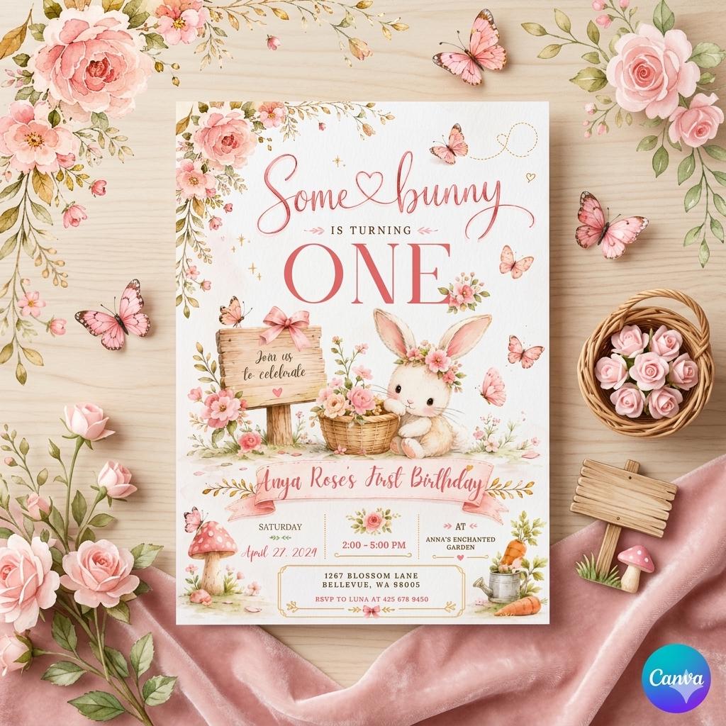 Editable Bunny First Birthday Invitation Template, Some Bunny 1st Birthday Party Daisy Floral , Bunny 1st Birthday Spring Birthday invite