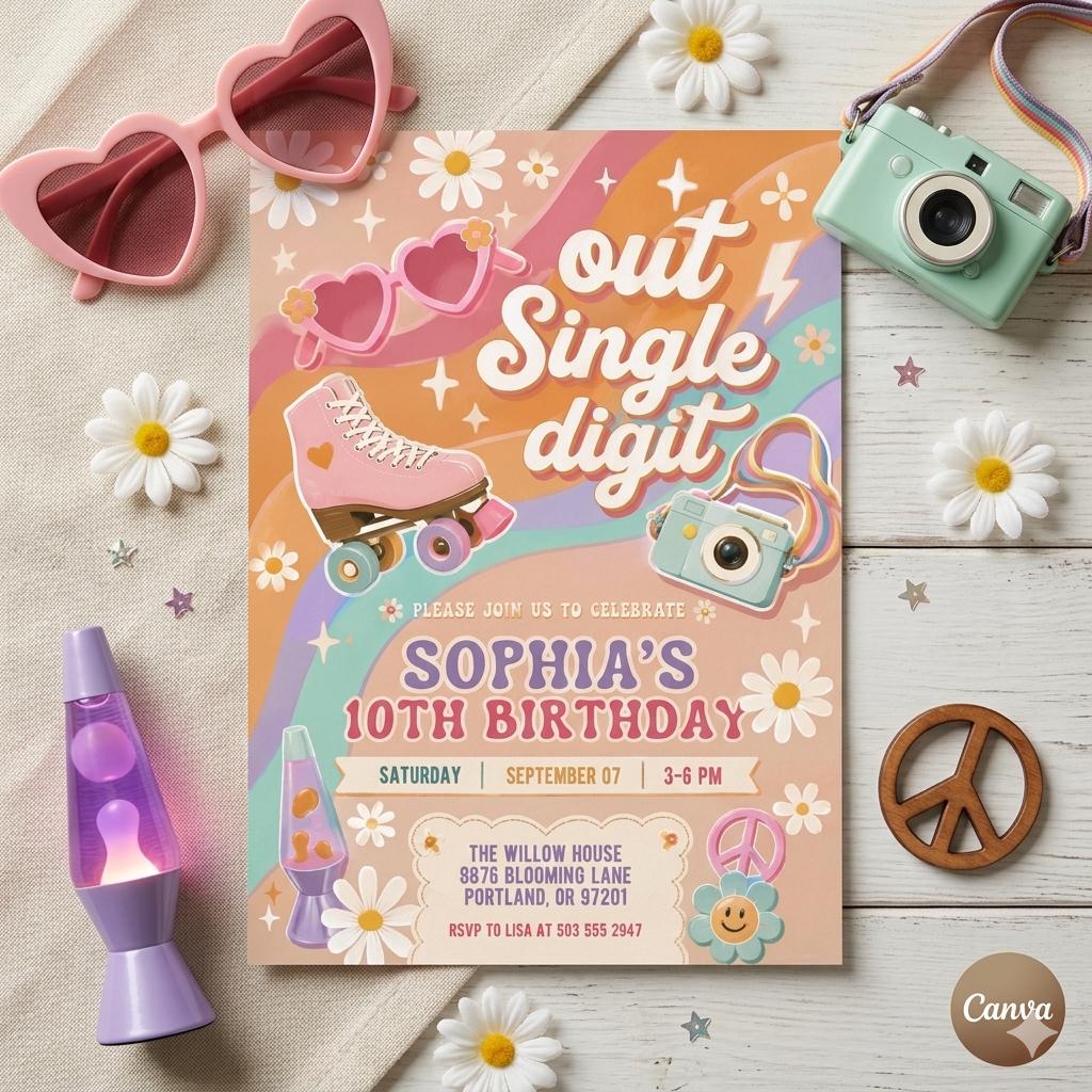 Editable Rainbow Peace Out Single Digits Groovy 10th Birthday Pink Van Invite Daisy Hippie Birthday Invitation Instant Download