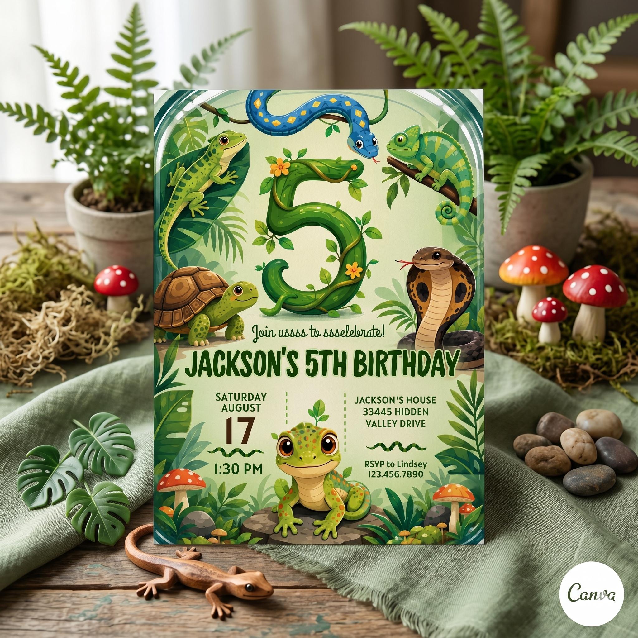 Reptile Birthday Invitation, Lizard Snake Theme , Printable reptile invitation, Birthday Invite (Editable Canva Template)