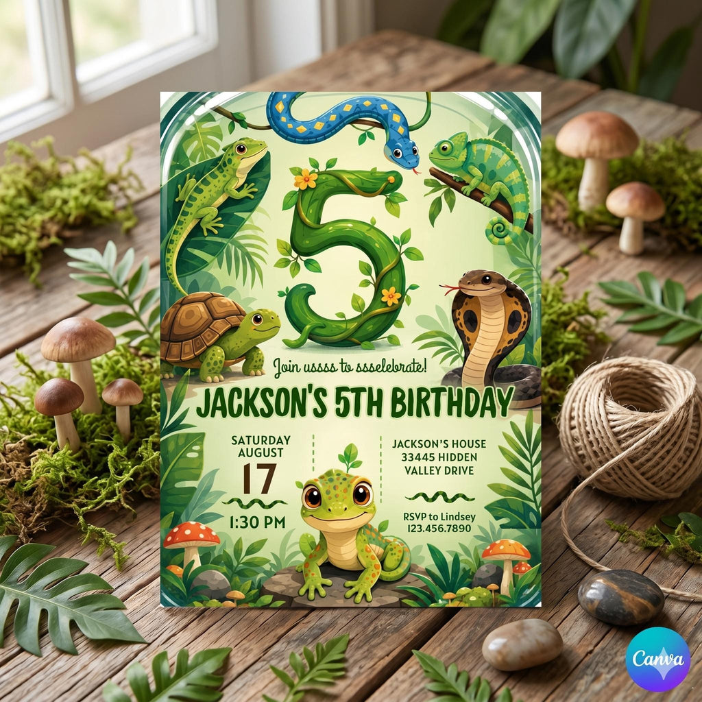 Reptile Birthday Invitation, Lizard Snake Theme , Printable reptile invitation, Birthday Invite (Editable Canva Template)