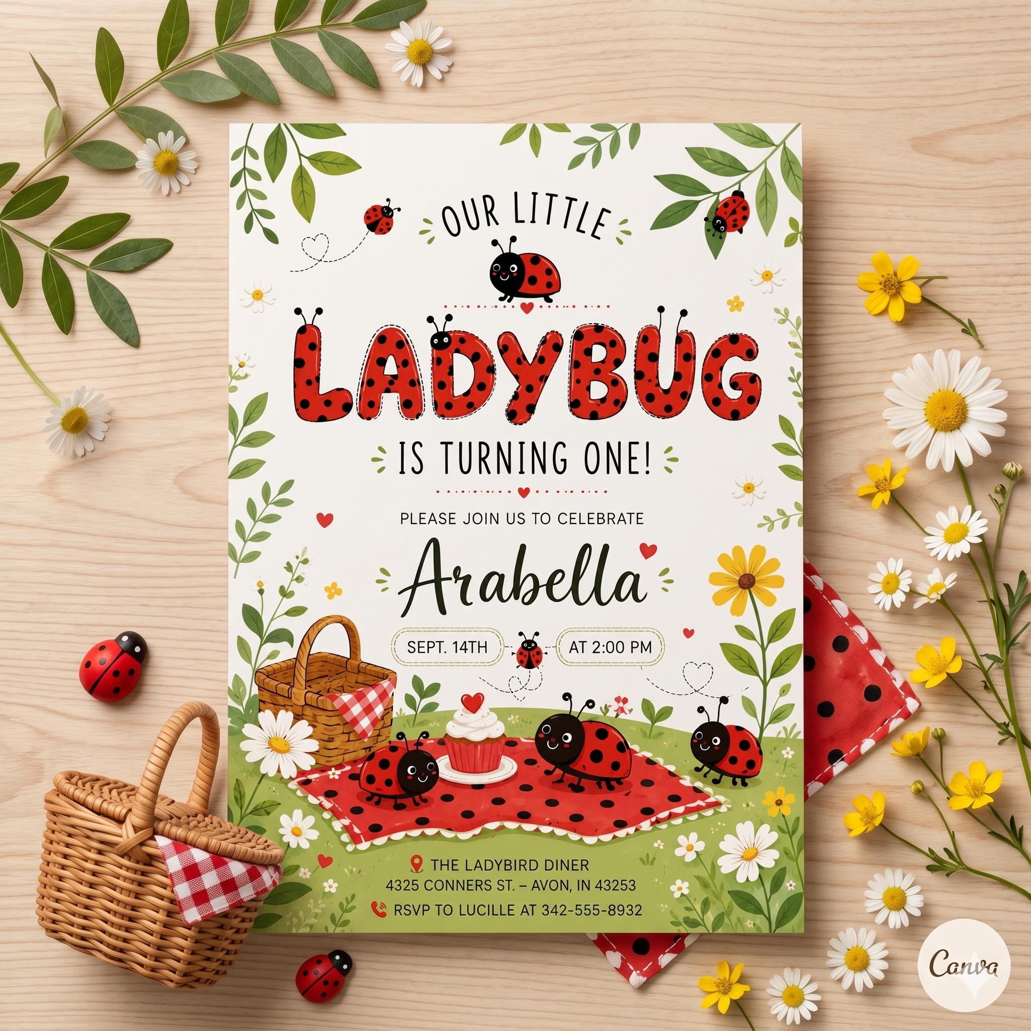 Ladybug Birthday Invitation Template, Editable Kids Garden Party Invite (Digital Download)