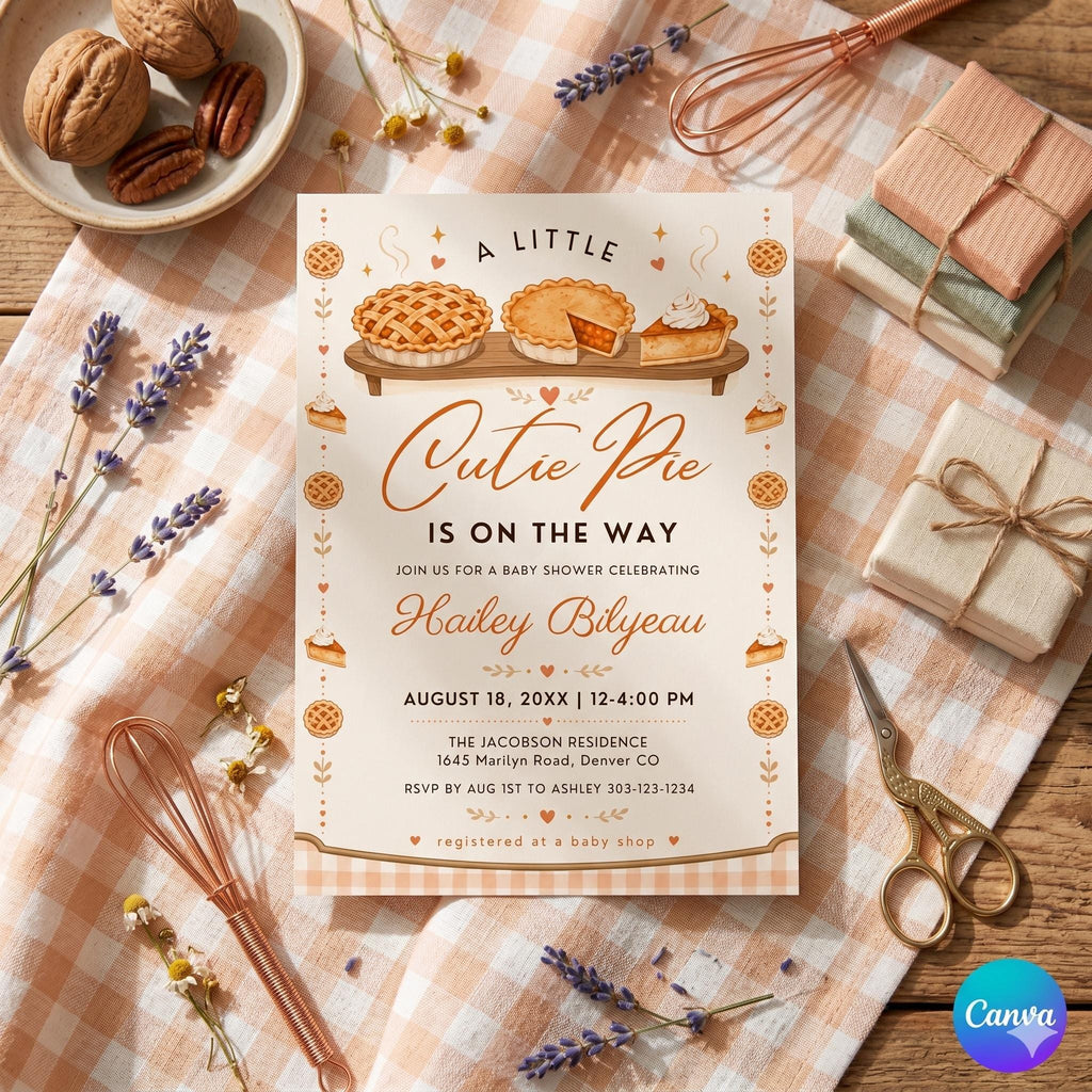 Cutie Pie Baby Shower Invitation Template, Peach themed Baby Shower Invite, Peach Pie Baby Shower Invite (Digital Download)