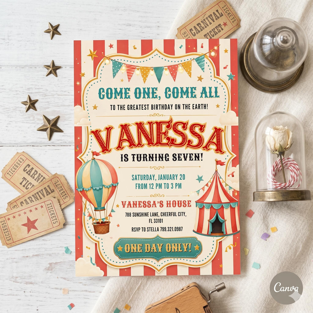 Circus Birthday invitation, printable clown Invitation, Circus Party Invite Template, Carnival Editable Invitation, boy girl birthday , A13