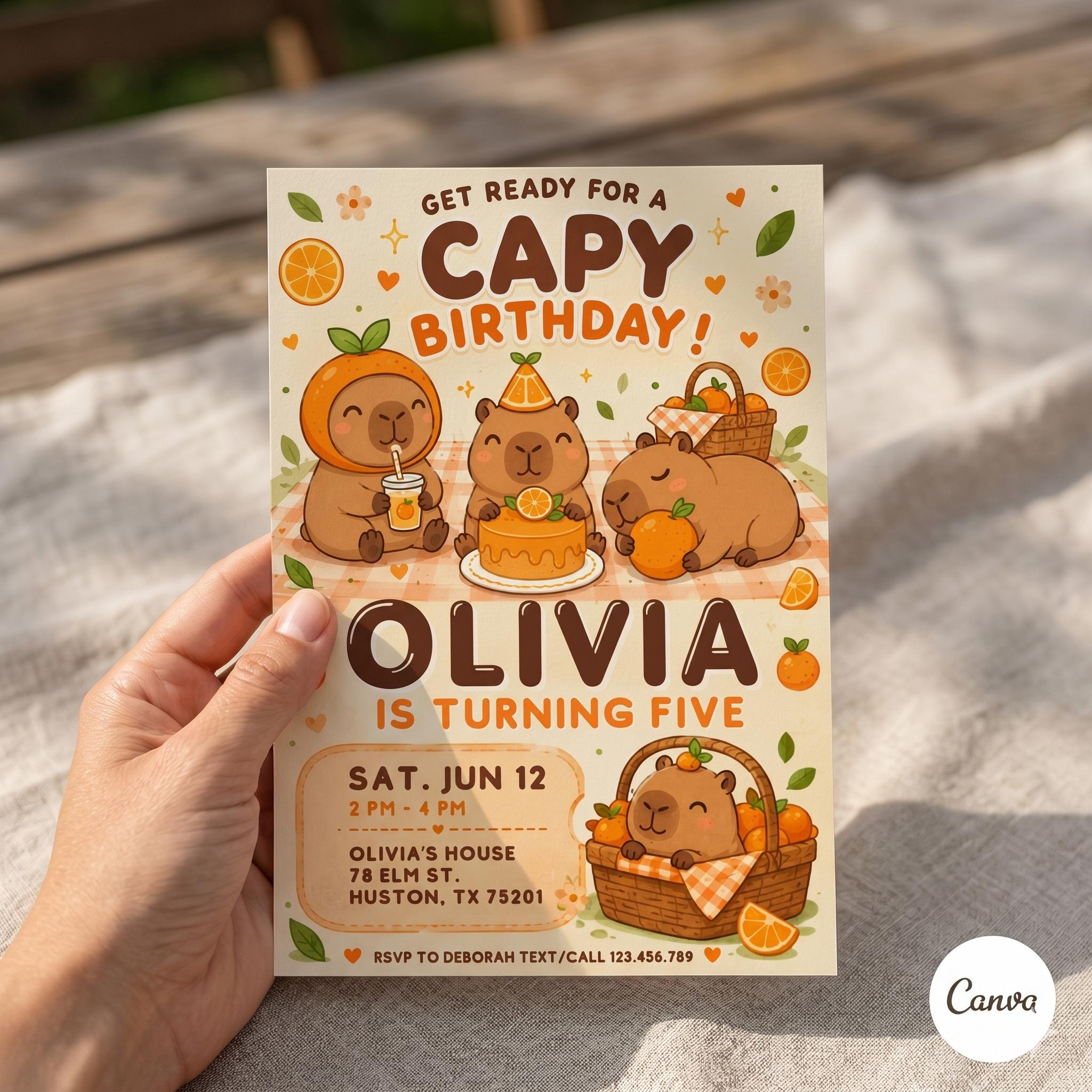 Capybara birthday invitation, printable editable cute capybara birthday invite, funny capybara party invite digital template