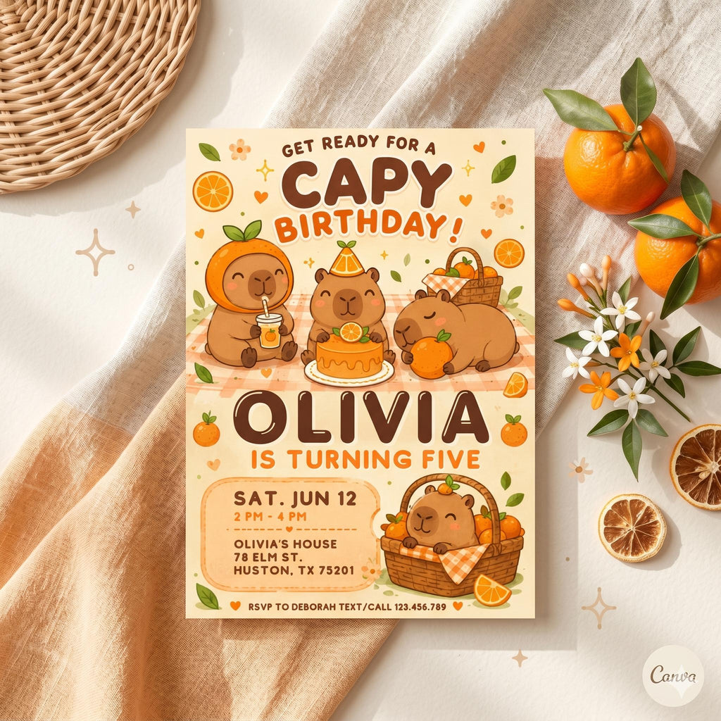 Capybara birthday invitation, printable editable cute capybara birthday invite, funny capybara party invite digital template