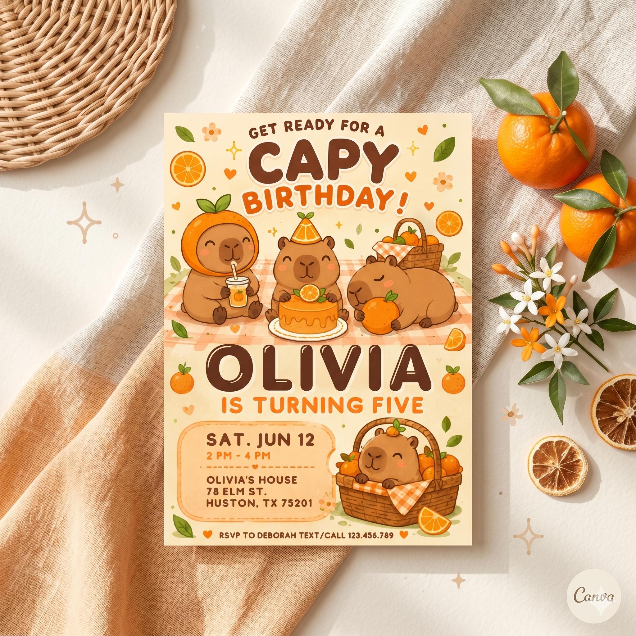 Capybara birthday invitation, printable editable cute capybara birthday invite, funny capybara party invite digital template