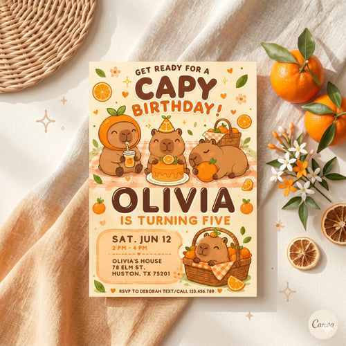 Capybara birthday invitation, printable editable cute capybara birthday invite, funny capybara party invite digital template
