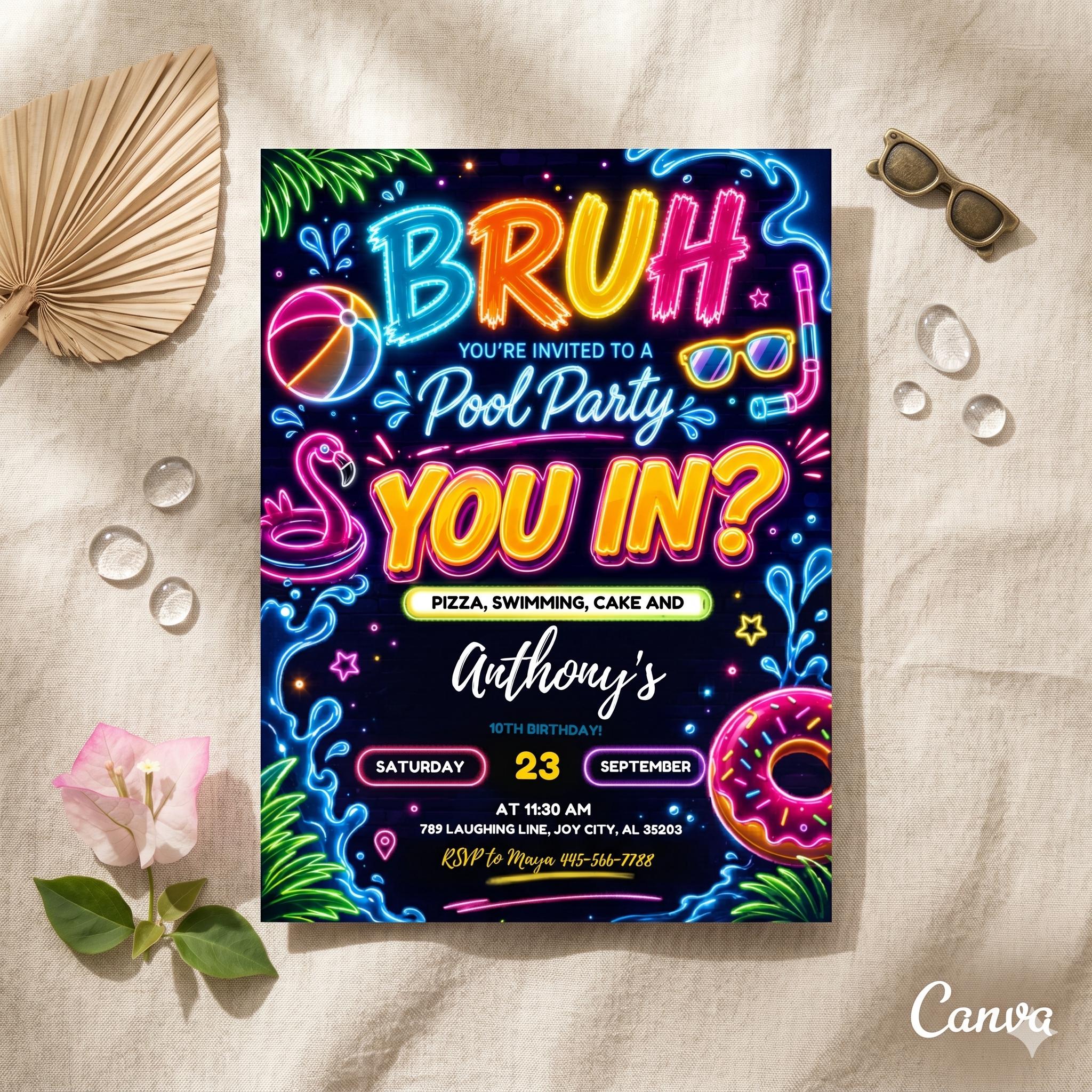Printable Bruh Birthday Invitation, Pool Boy Bday Invite, Neon Pool Party Invitation, Birthday Invite , teens Party, Editable Canva