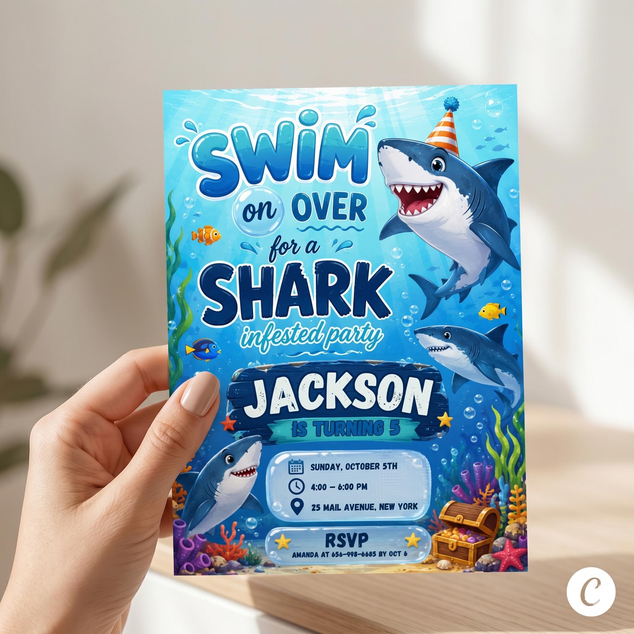 Shark Party digital invite template , Shark Birthday Invitation , Ocean Summer theme Editable Canva Template , Digital