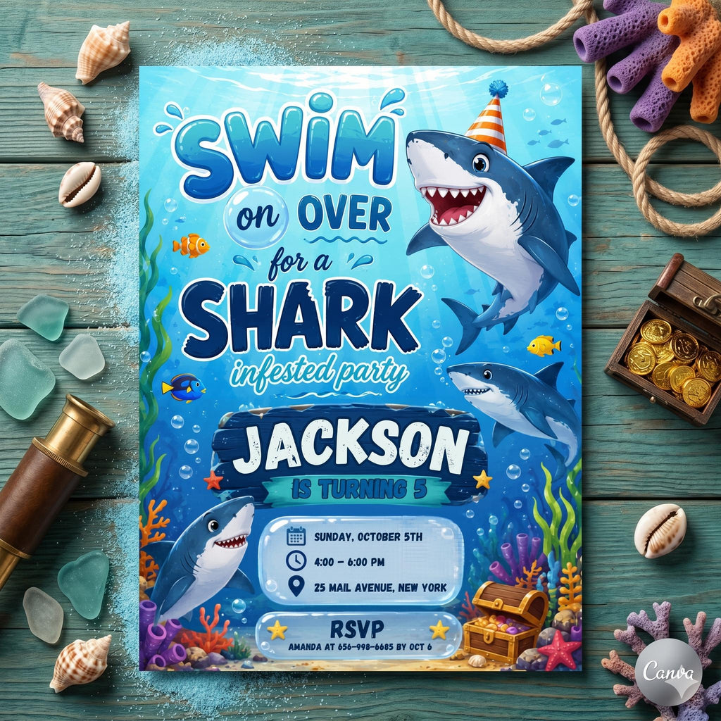 Shark Party digital invite template , Shark Birthday Invitation , Ocean Summer theme Editable Canva Template , Digital
